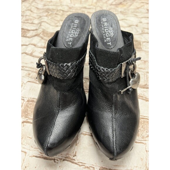 BRIDGET SHUSTER SASSY BLACK LEATHER MULE HEELS SIZE US 10 Lock Heart - Picture 1 of 8